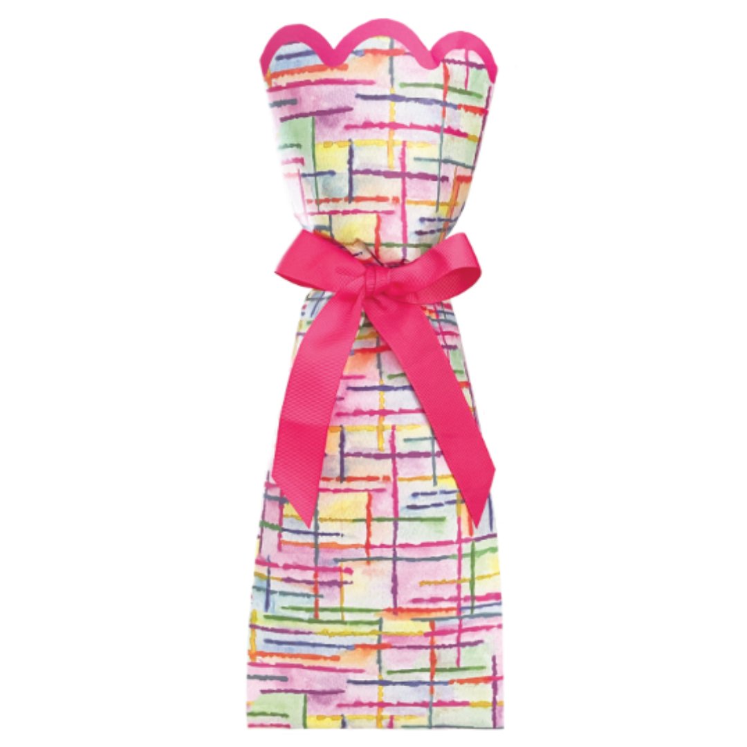 Paper wine bag featuring a multicolored stripe pattern with a pink bow