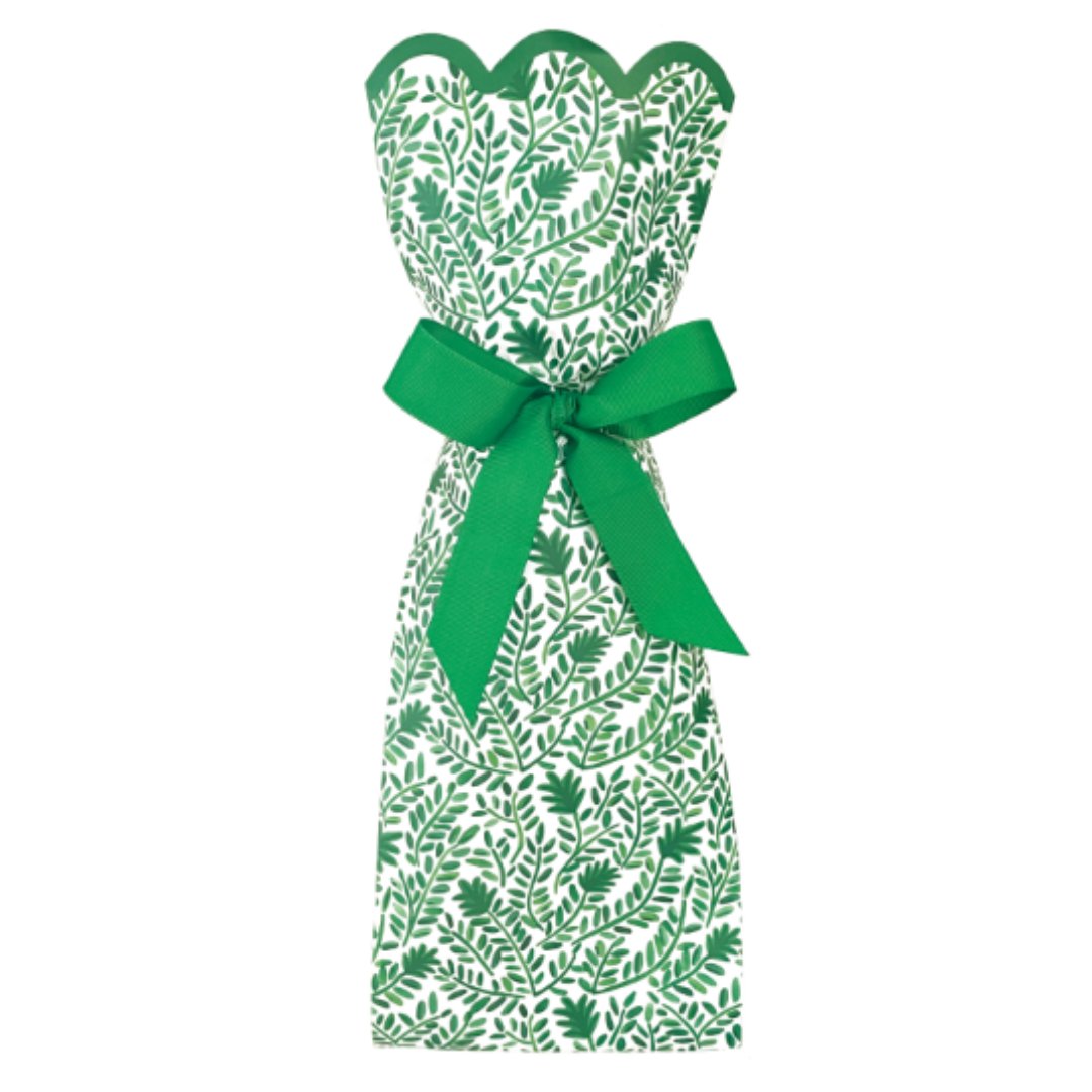 Paper wine bag featuring a green and white vine pattern with a green bow