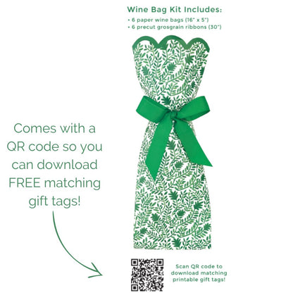 Paper wine bag featuring a green and white vine pattern tied as a gift bag with a green bow