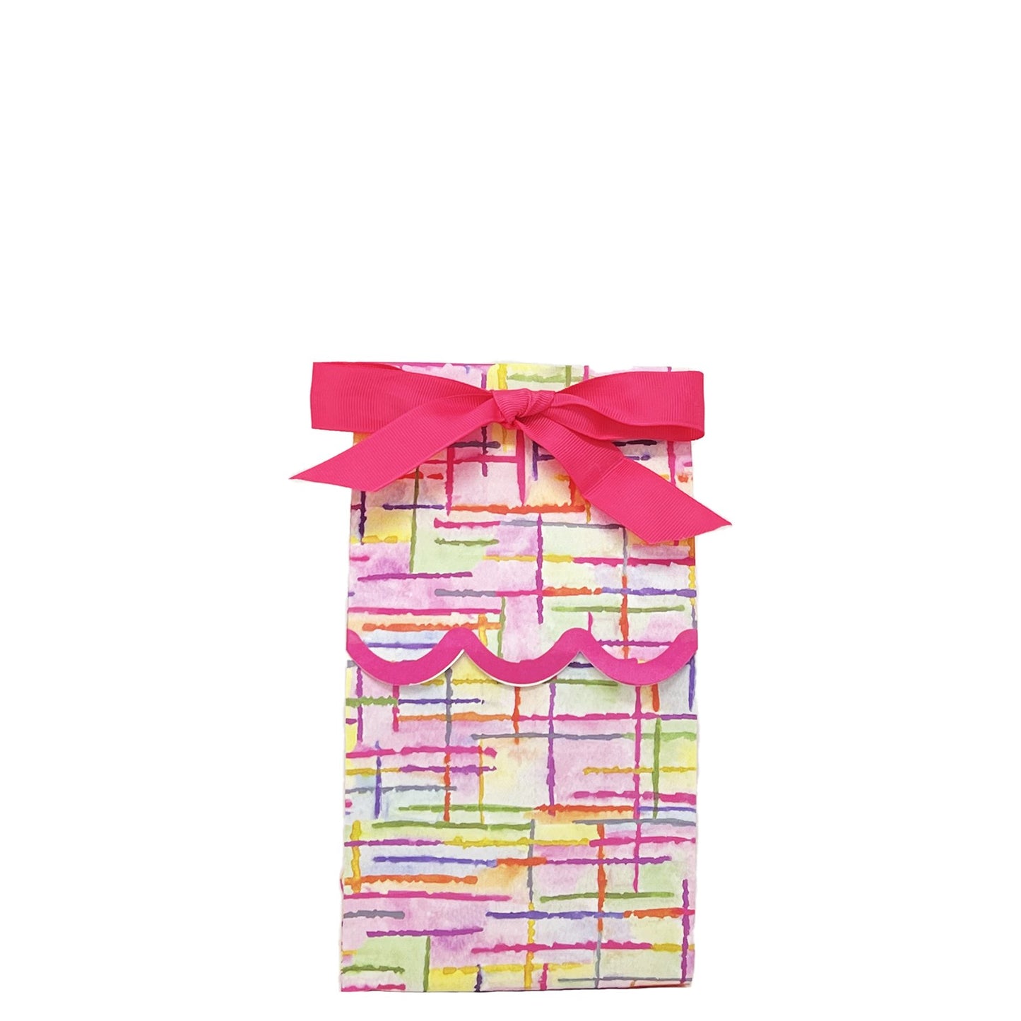 Paper wine bag featuring a multicolored stripe pattern tied as a gift bag with a pink bow