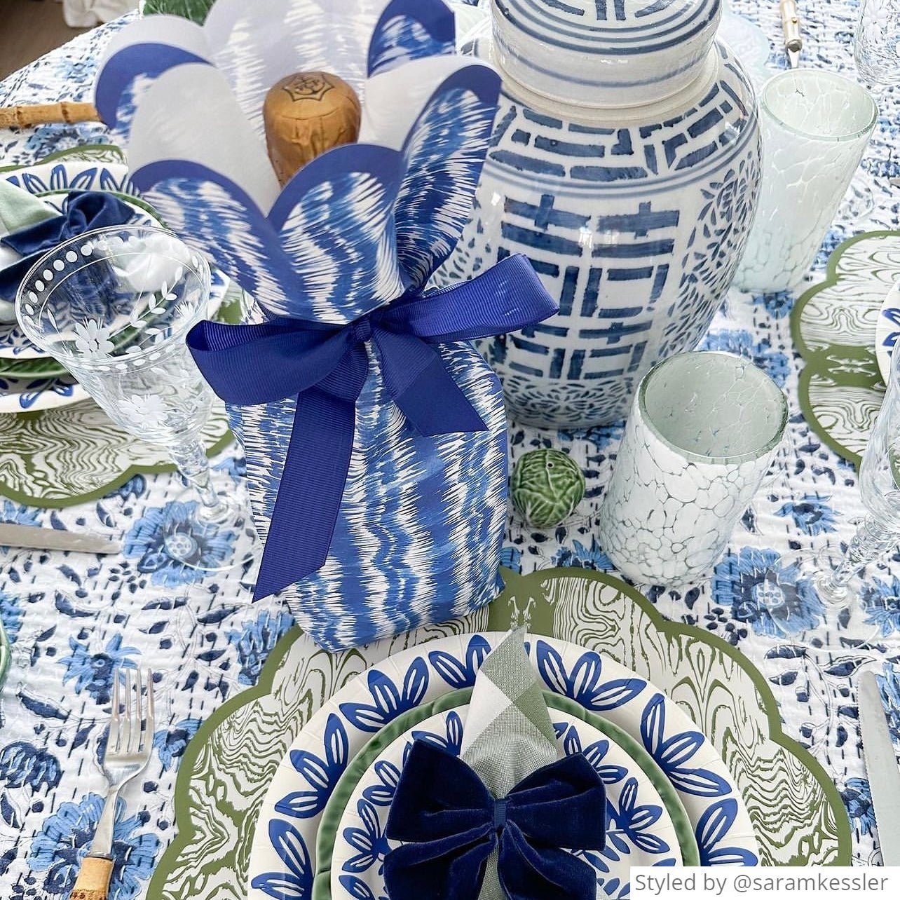 Fall themed tablescape featuring our blue and white ikat wine and gift bag kit