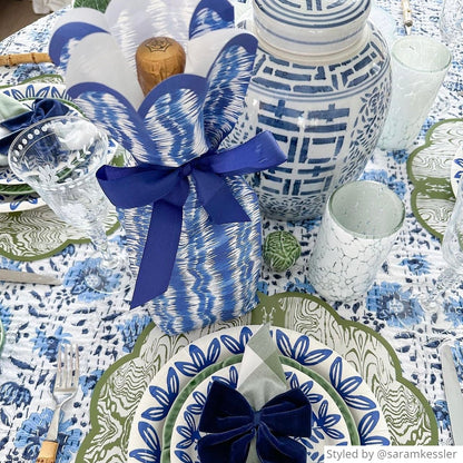 Fall themed tablescape featuring our blue and white ikat wine and gift bag kit