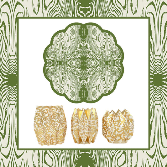 Wood Scalloped Placemats and Gold Chinoiserie Vase Wraps