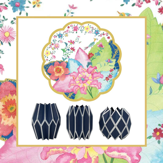 Tobacco Leaf Scalloped Paper Placemats + Navy and Silver Paper Vase Wraps