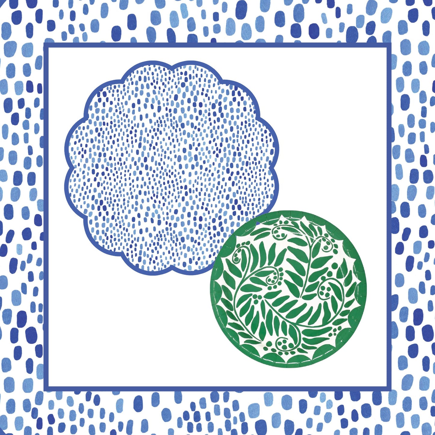 Blue Dots Scalloped Paper Placemats + Green Paper Plates