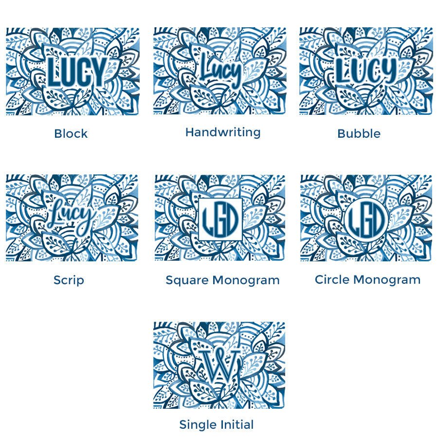 Paper placemat pads featuring a blue and white leaf pattern and various personalization options