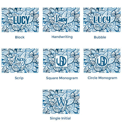 Paper placemat pads featuring a blue and white leaf pattern and various personalization options