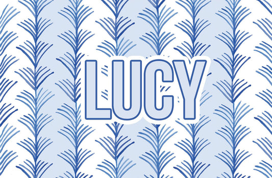 Paper placemat featuring a blue and white willow pattern with a personalized name in blue
