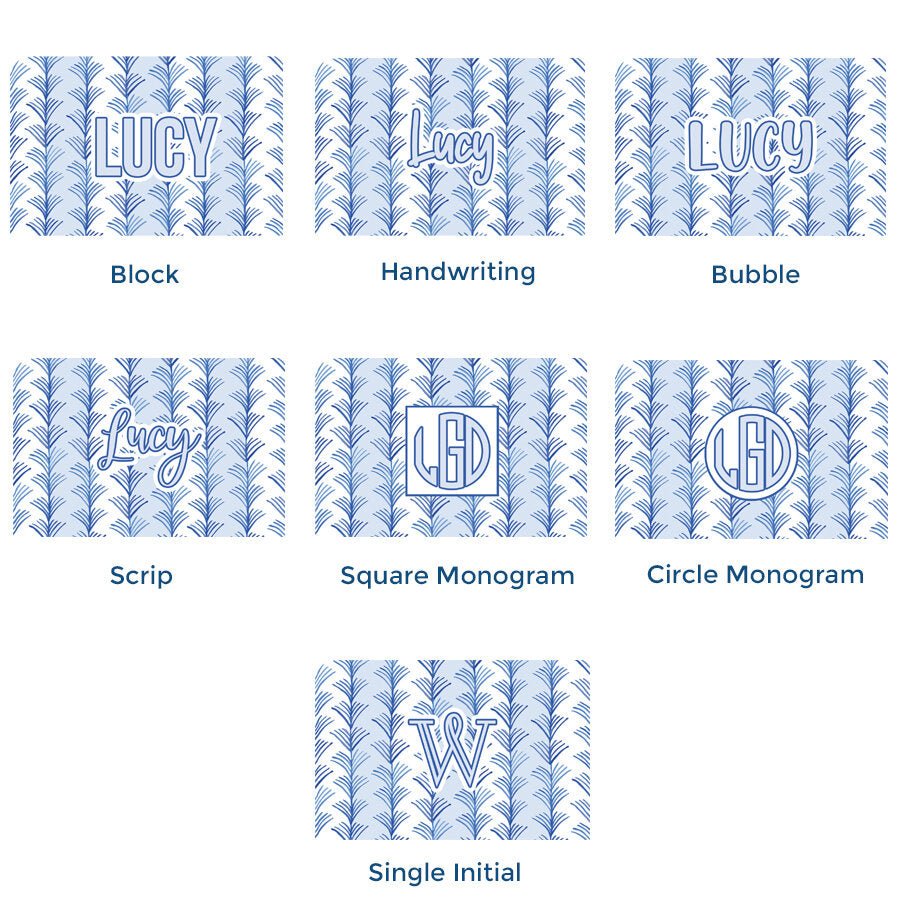 Paper placemat pads featuring a blue and white willow pattern with various personalization options