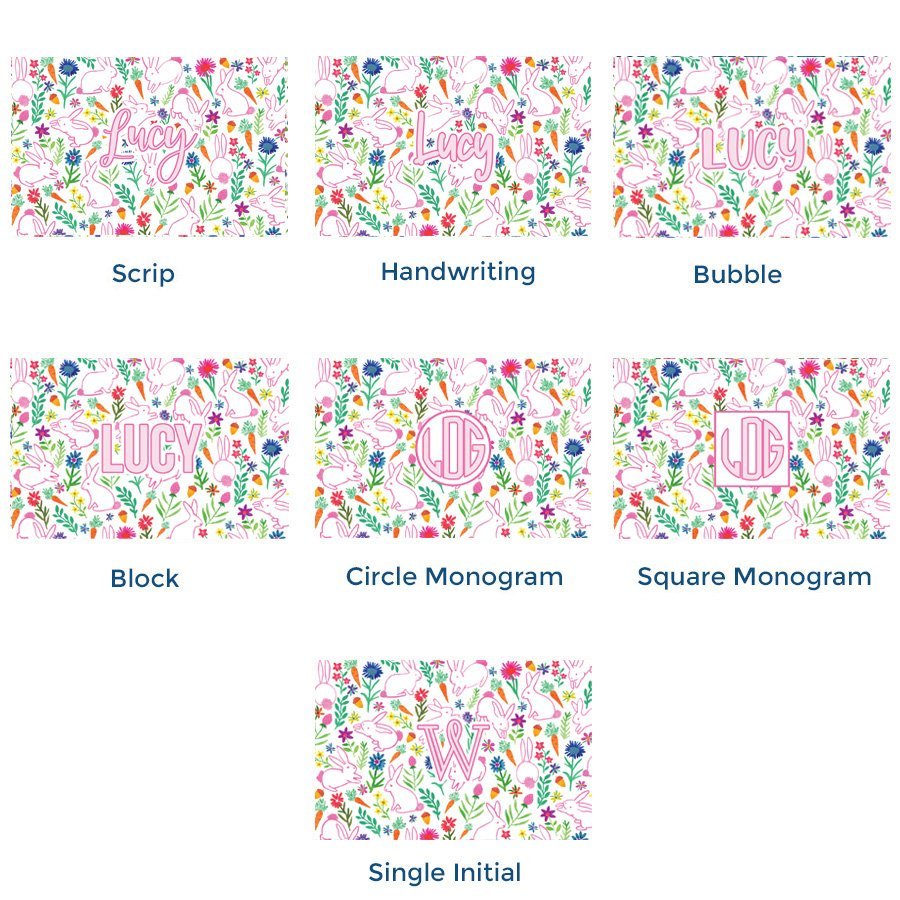 Paper placemat pads featuring a bunny pattern and various personalization options