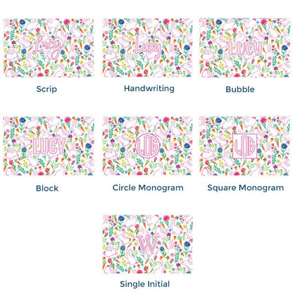 Paper placemat pads featuring a bunny pattern and various personalization options