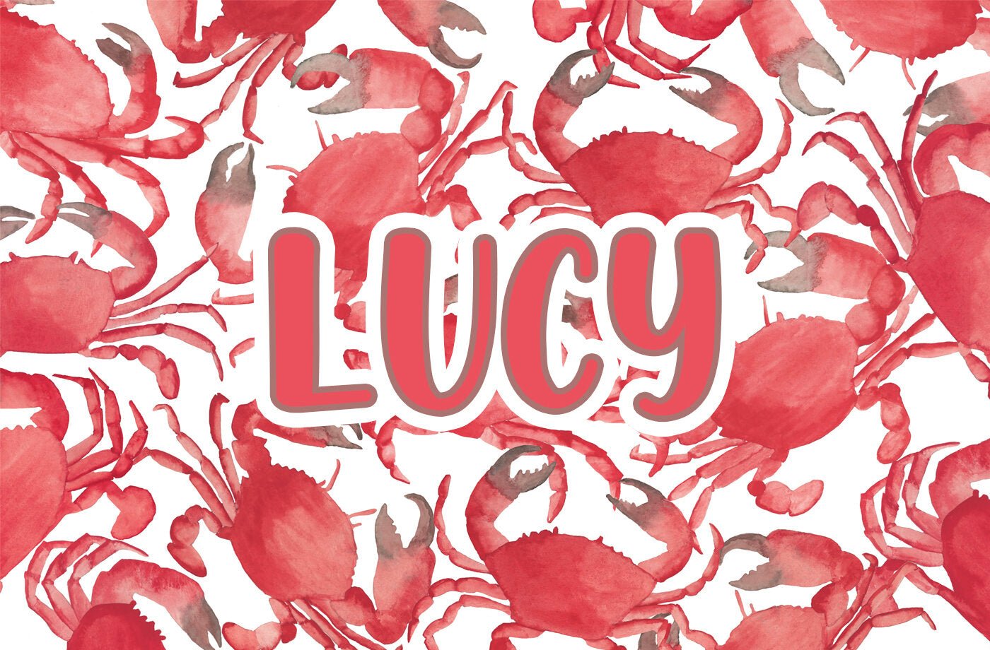 Paper placemat pad featuring a red and white crab pattern and personalized name