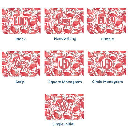 Paper placemat pads featuring red and white crabs and various personalization options