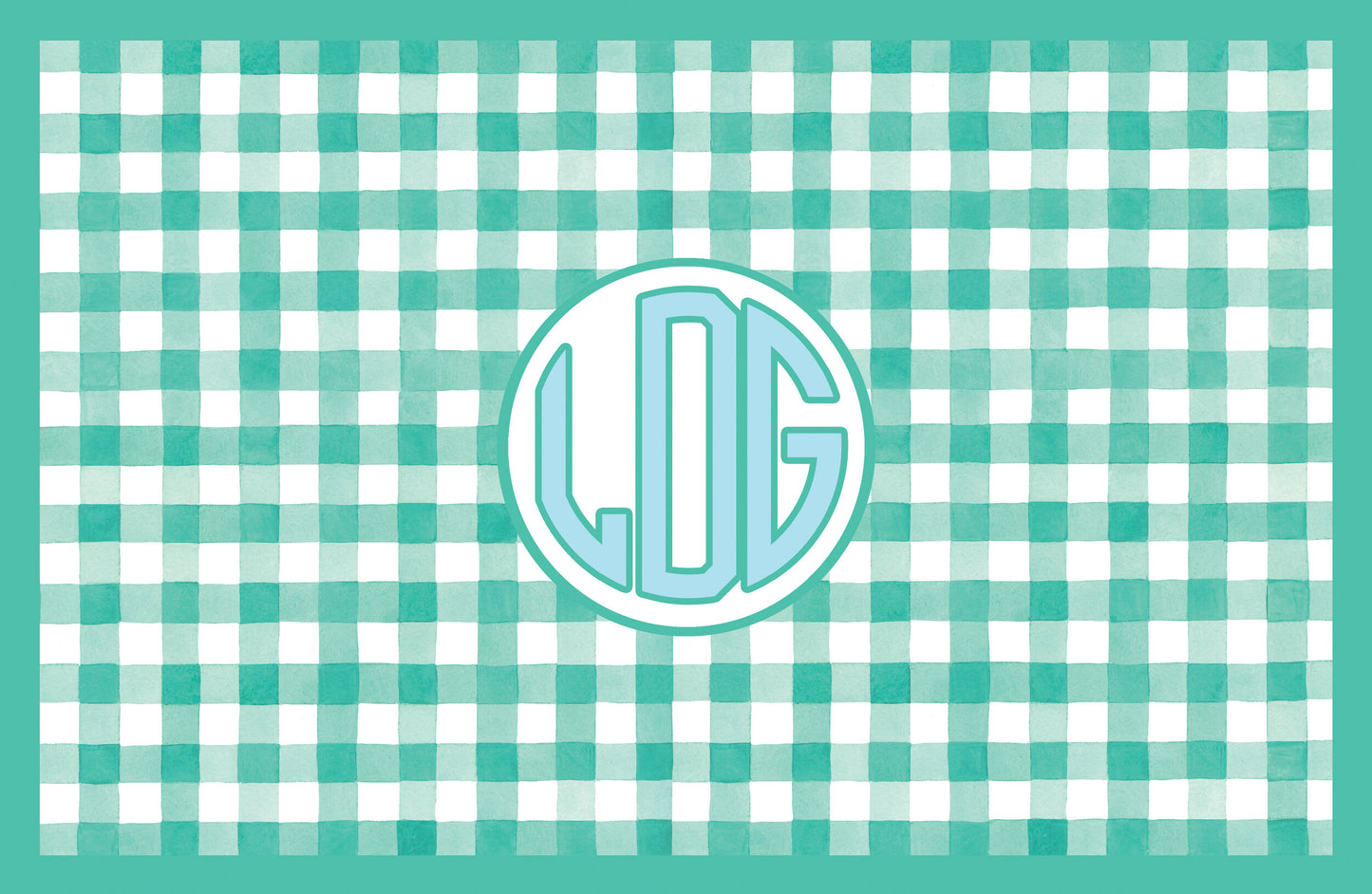 Paper placemat featuring a green gingham pattern with a teal circle monogram