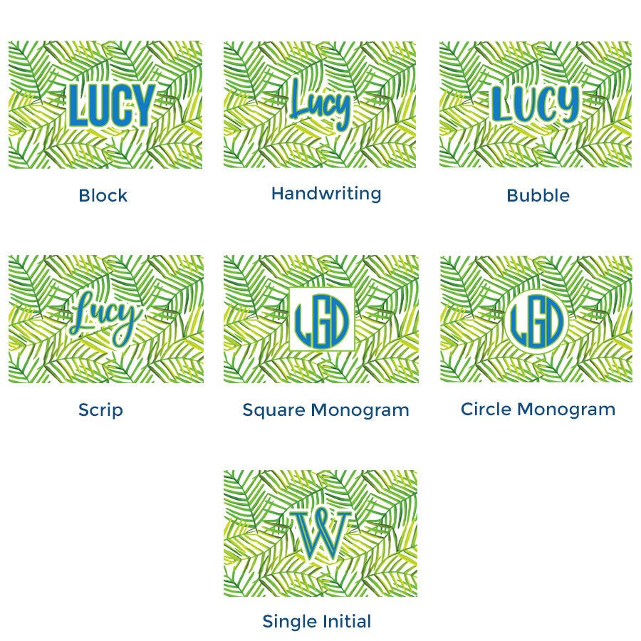 Green leaves paper placemat with various blue text personalization options