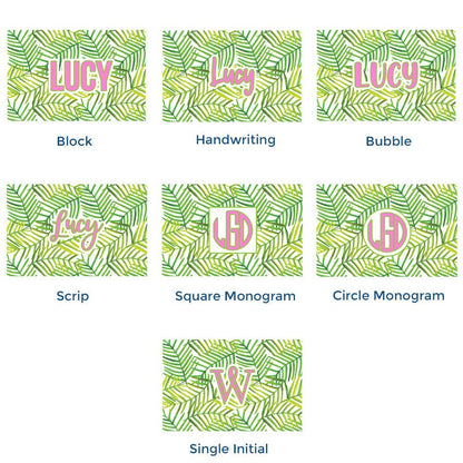 Green leaves paper placemat with various pink text personalization options