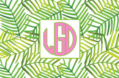 Green leaves paper placemat with pink monogram