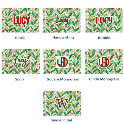 Paper placemat pads featuring a red and green holly berry pattern and various personalization options