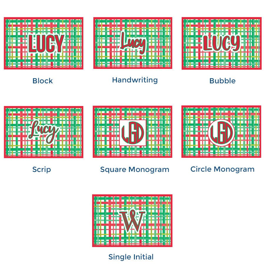 Paper placemat pads featuring a red and green plaid pattern with various personalization options
