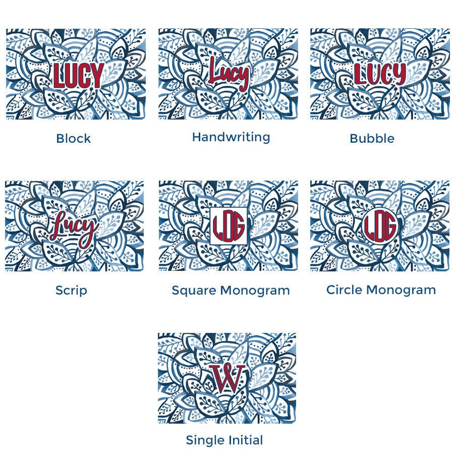 Paper placemat pads featuring a blue and white pattern and various personalization options