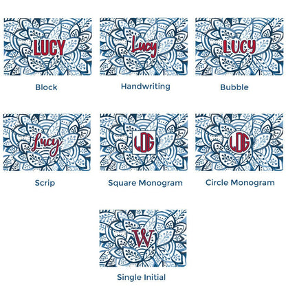 Paper placemat pads featuring a blue and white pattern and various personalization options