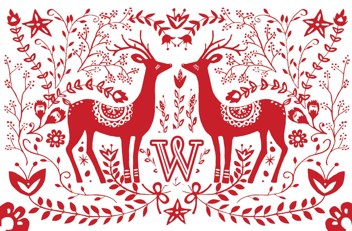 White paper placemat featuring two red and white reindeer and a single intial personalization