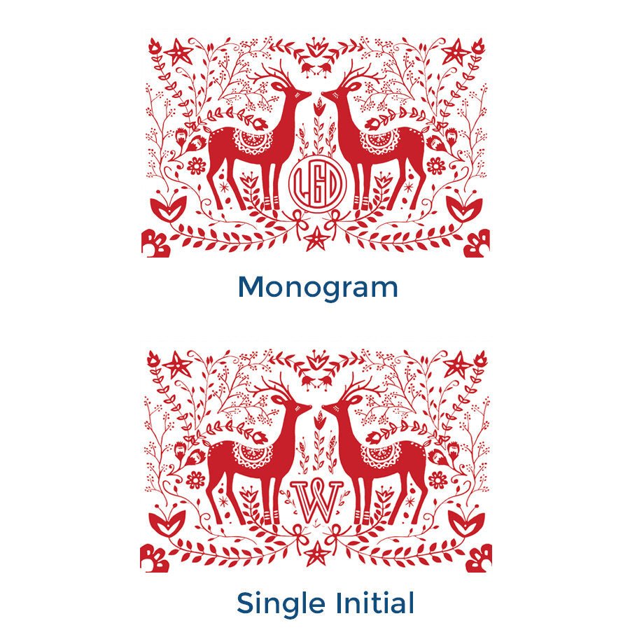 Paper placemat pads featuring two red and white reindeers with two personalization options
