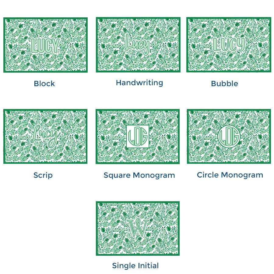 Paper placemat pads featuring a green vine pattern and various personalization options