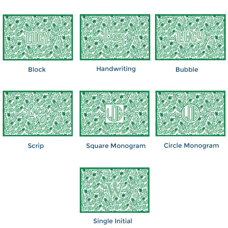 Paper placemat pads featuring a green vine pattern and various personalization options