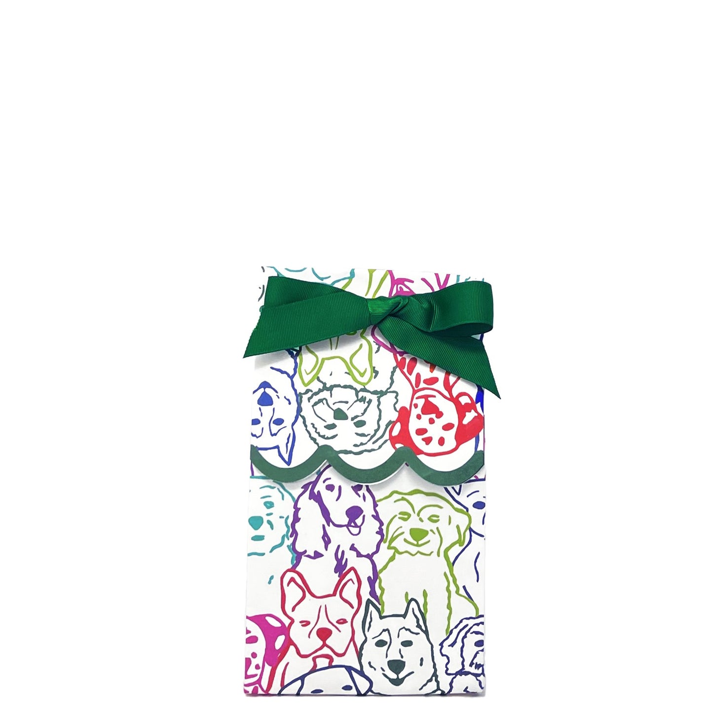 Paper wine bag featuring multicolored dogs tied as a gift bag with a green bow