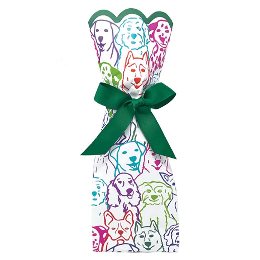 Paper wine bag featuring multicolored dogs on a white background with a bow