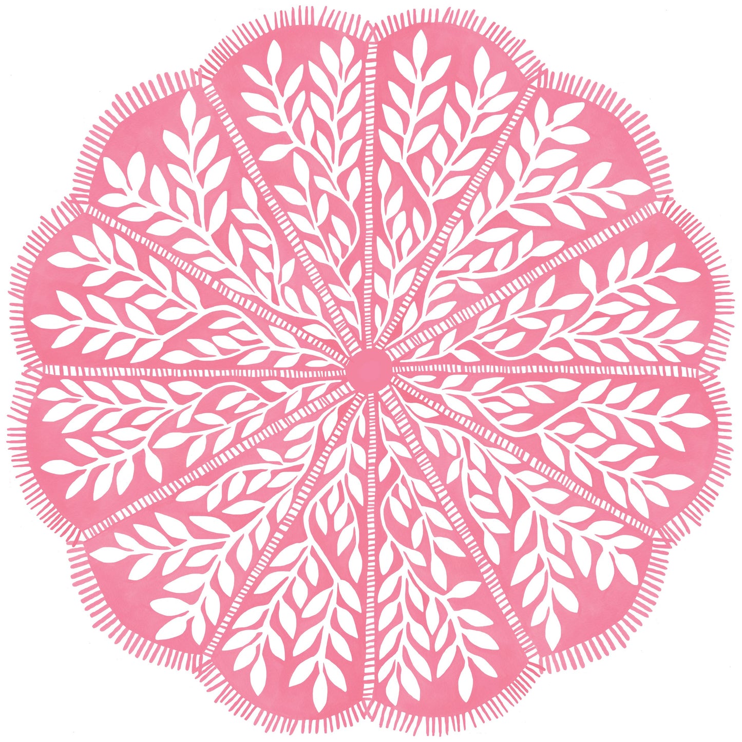 Round scalloped paper placemat with pink and white vine pattern