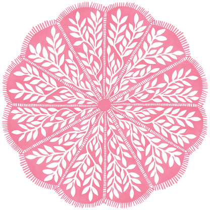 Round scalloped paper placemat with pink and white vine pattern