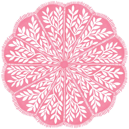 Round scalloped paper placemat with pink and white vine pattern