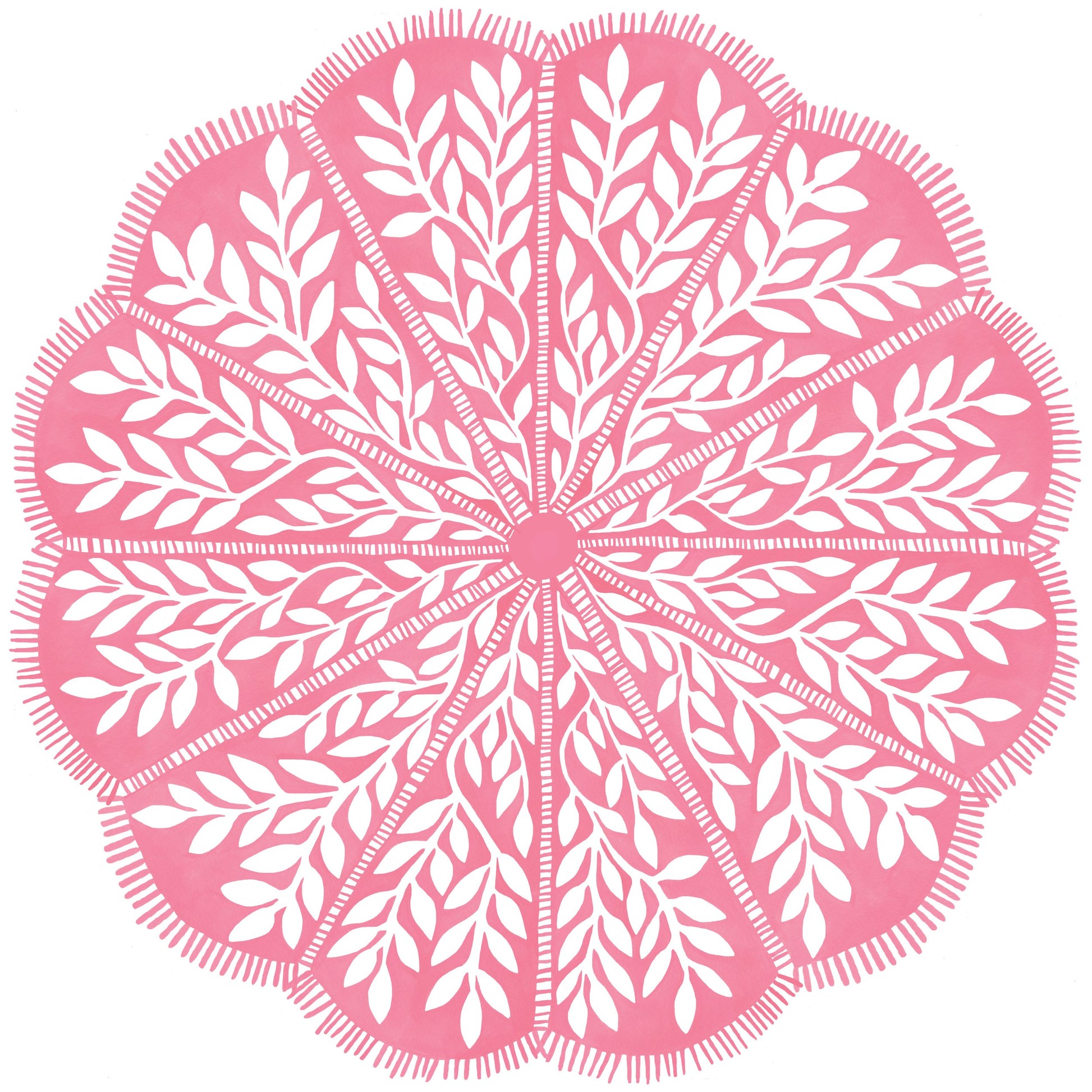 Round scalloped paper placemat with pink and white vine pattern