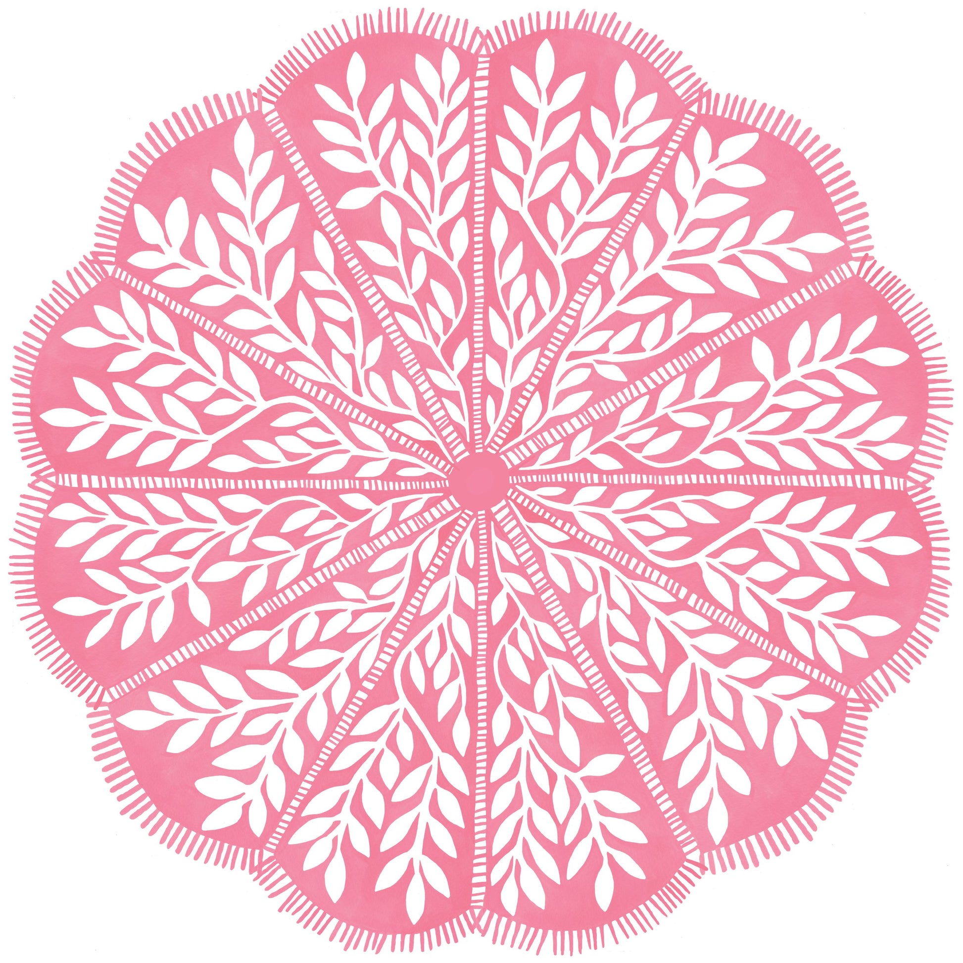 Round scalloped paper placemat with pink and white vine pattern