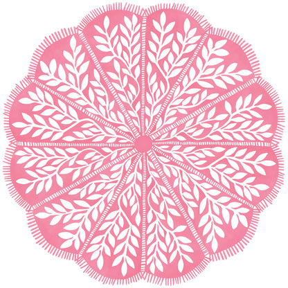 Round scalloped paper placemat with pink and white vine pattern
