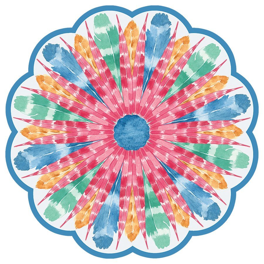 Multicolored feather pattern on a round scalloped paper placemat