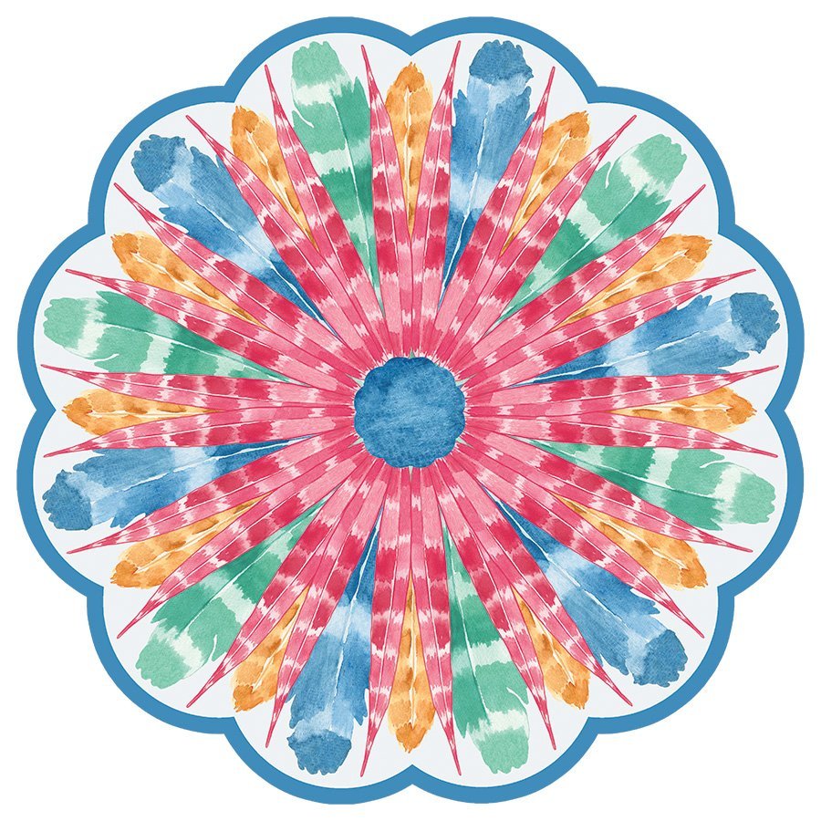 Multicolored feather pattern on a round scalloped paper placemat