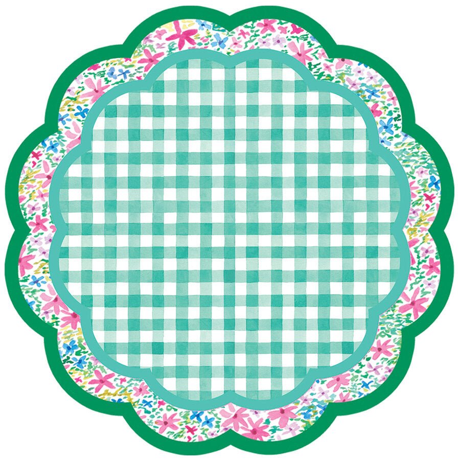 Scalloped multicolored floral paper placemats with green gingham charger on top