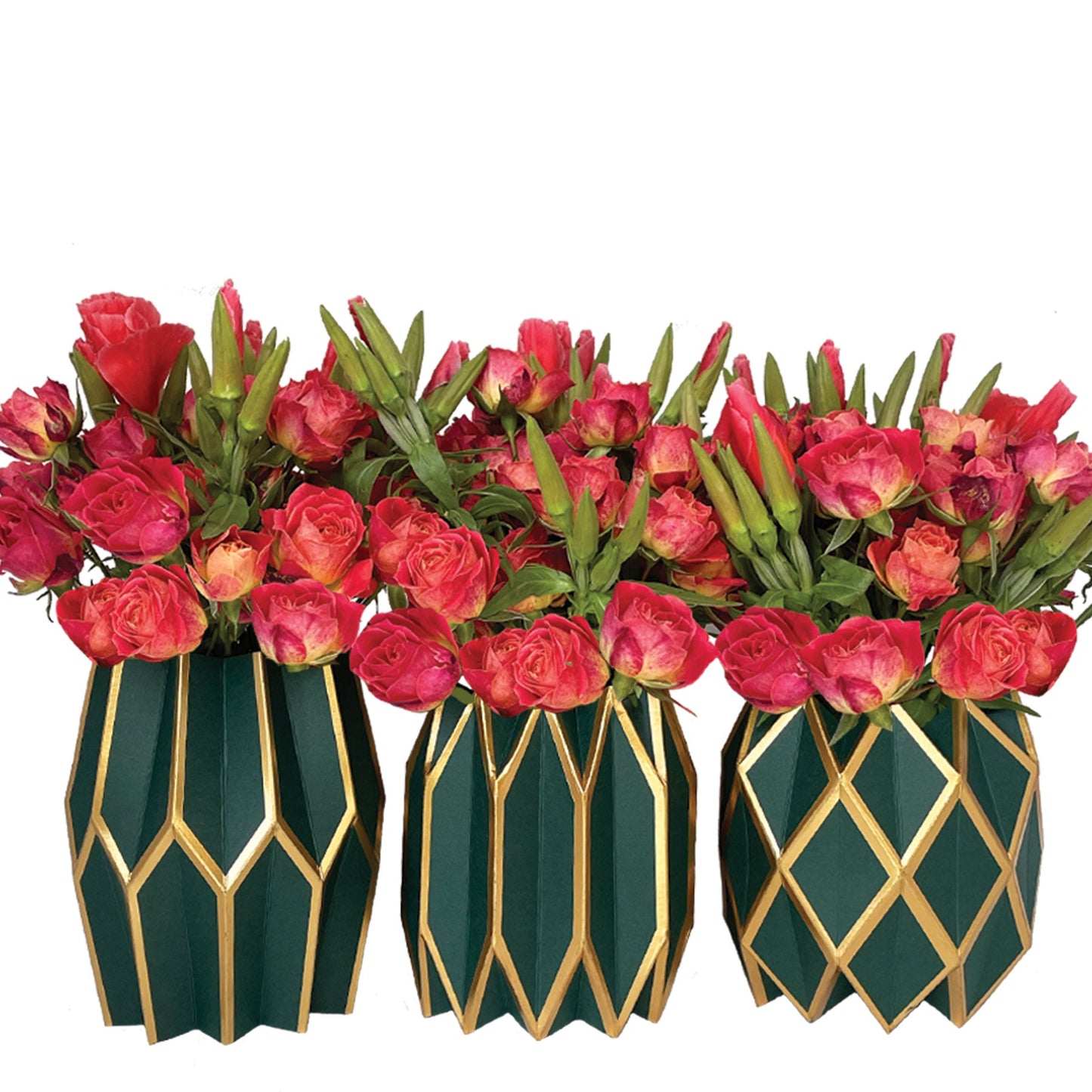 Dark green paper vases with red flowers