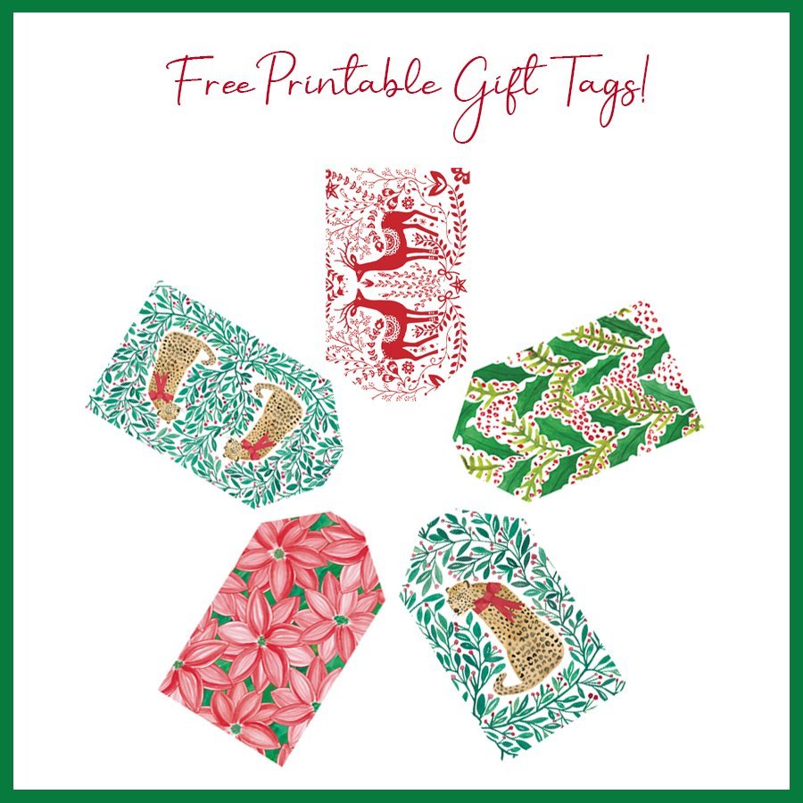 Printable gift tags in various red and green holiday patterns