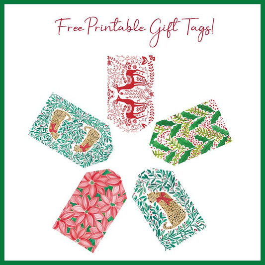 Printable gift tags in various red and green holiday patterns