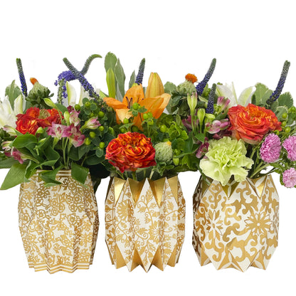 Gold and white chinoiserie paper vases with fall flowers