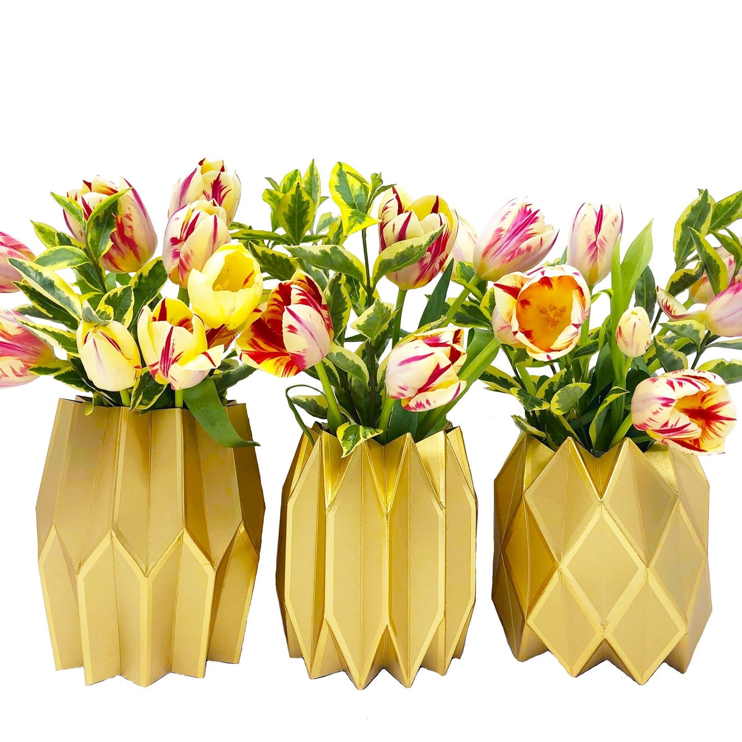 Gold paper sleeve vases with fall flowers