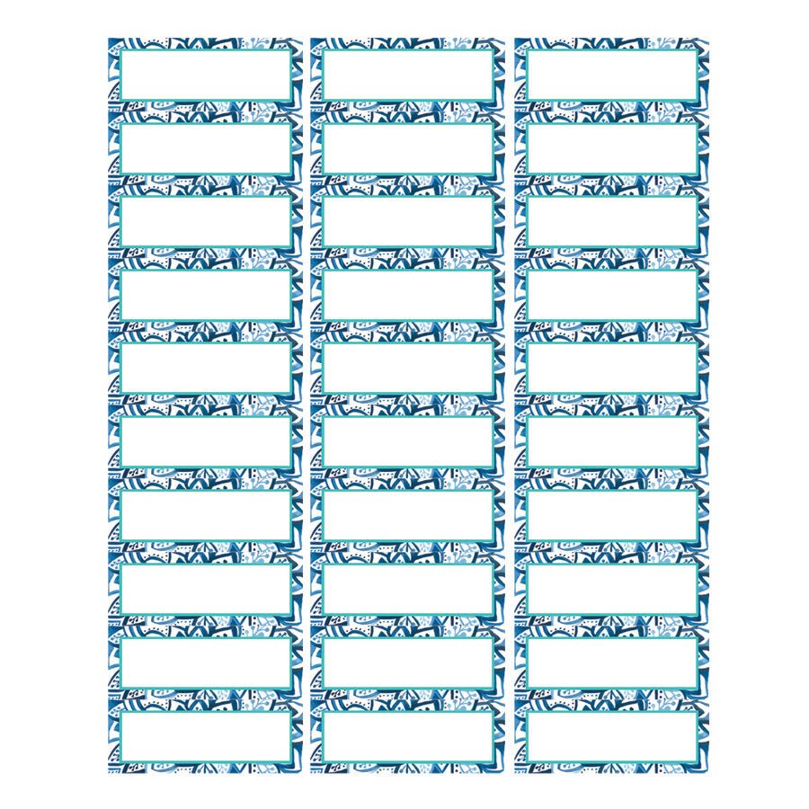 Downloadable labels featuring a blue and white leaf pattern