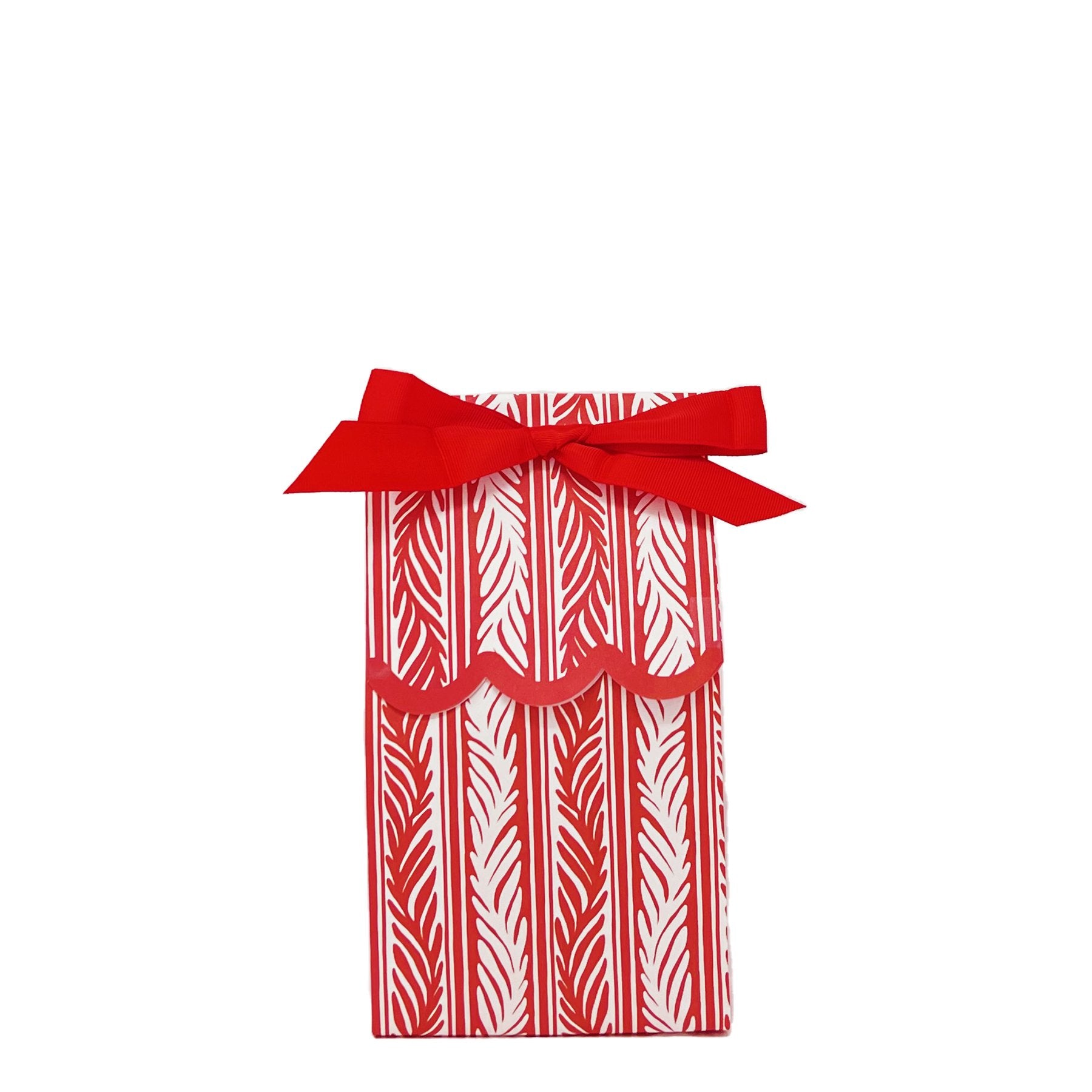 Paper wine bag featuring a red and white vine pattern tied as a gift bag with a red bow