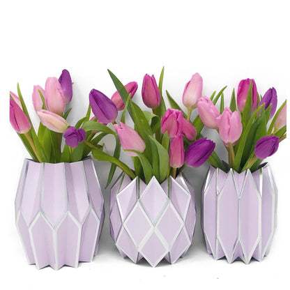 Lavender paper sleeve vases with purple tulips