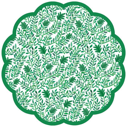 Round scalloped paper placemat with a green and white vine pattern with a green border