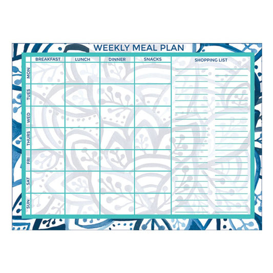 Downloadable meal planner featuring a blue and white leaf pattern